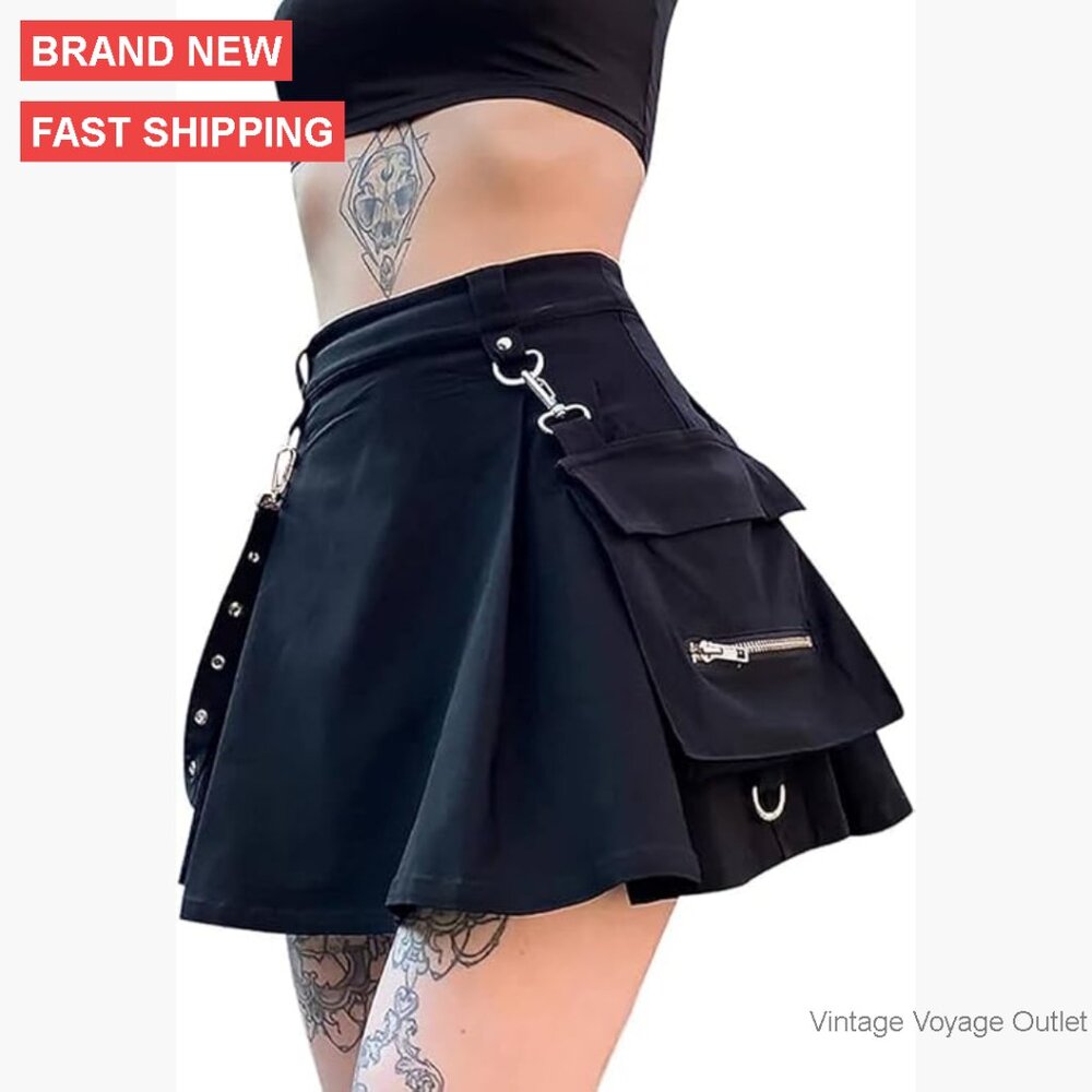 High Waisted Pleated Mini Skirt with Chain Pocket, Polyester Tennis Skirt